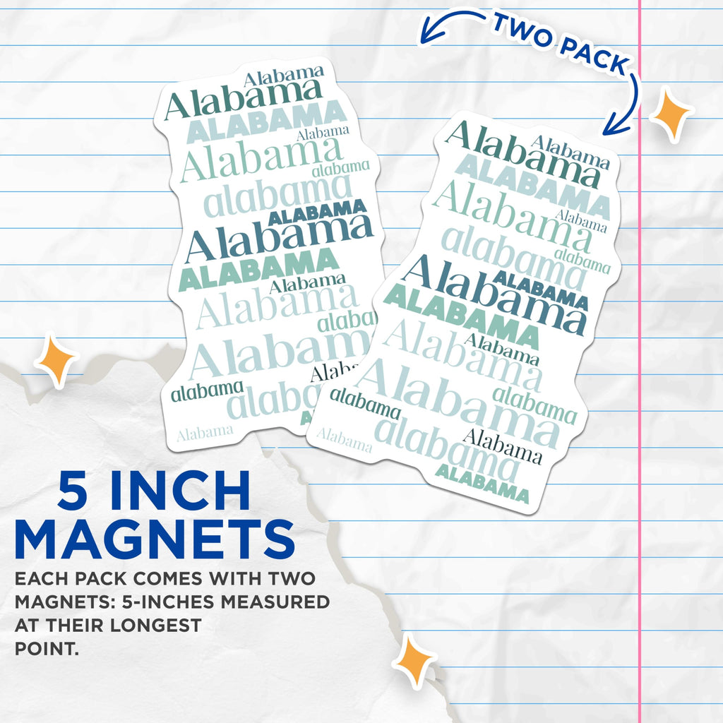 (2 Pack) Alabama Magnets - State Pride - Alabama Decor - Southern Home - 5" On Longest Side - Premium Magnet - for Cars, Refrigerators, Toolboxes, Lockers - Made in USA - MAG18520