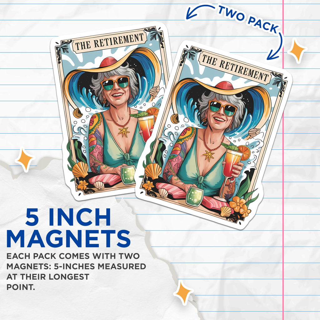(2 Pack) Retirement Party Magnets - Beach Vacation Decor - Tropical Getaway - Happy Retiree Art - Ocean Waves Scene - 5 Inches On Longest Side - Thick Durable Magnet - Made in USA - MAG22411