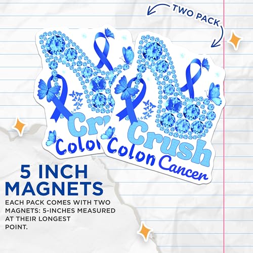 (2 Pack) Crush Colon Cancer Magnets - Blue Butterfly Awareness Magnets - High Heels Cancer Support - 5" On Longest Side - for Cars, Refrigerators, Toolboxes, Lockers - Made in USA BMCS3396