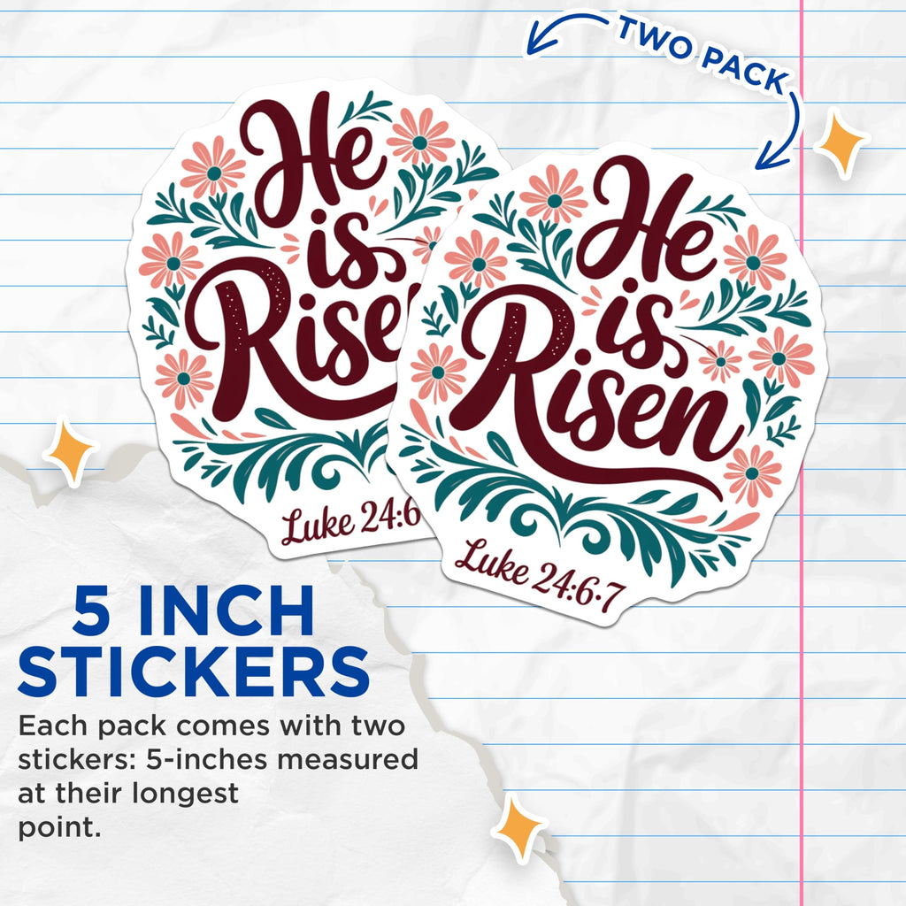 (2 Pack) He is Risen Stickers - Easter Resurrection - Luke 24 6 7 Scripture - 5" On Longest Side - Sticks to Smooth Flat Surfaces - Made in USA - BMCS20602