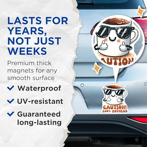(2 Pack) Caution Hotness Magnets - Funny Kitchen Magnets - Coffee Lovers Magnets - Cute Coffee Mug Magnets - 5" On Longest Side - for Cars, Refrigerators, Toolboxes, Lockers - Made in USA BMCS3290
