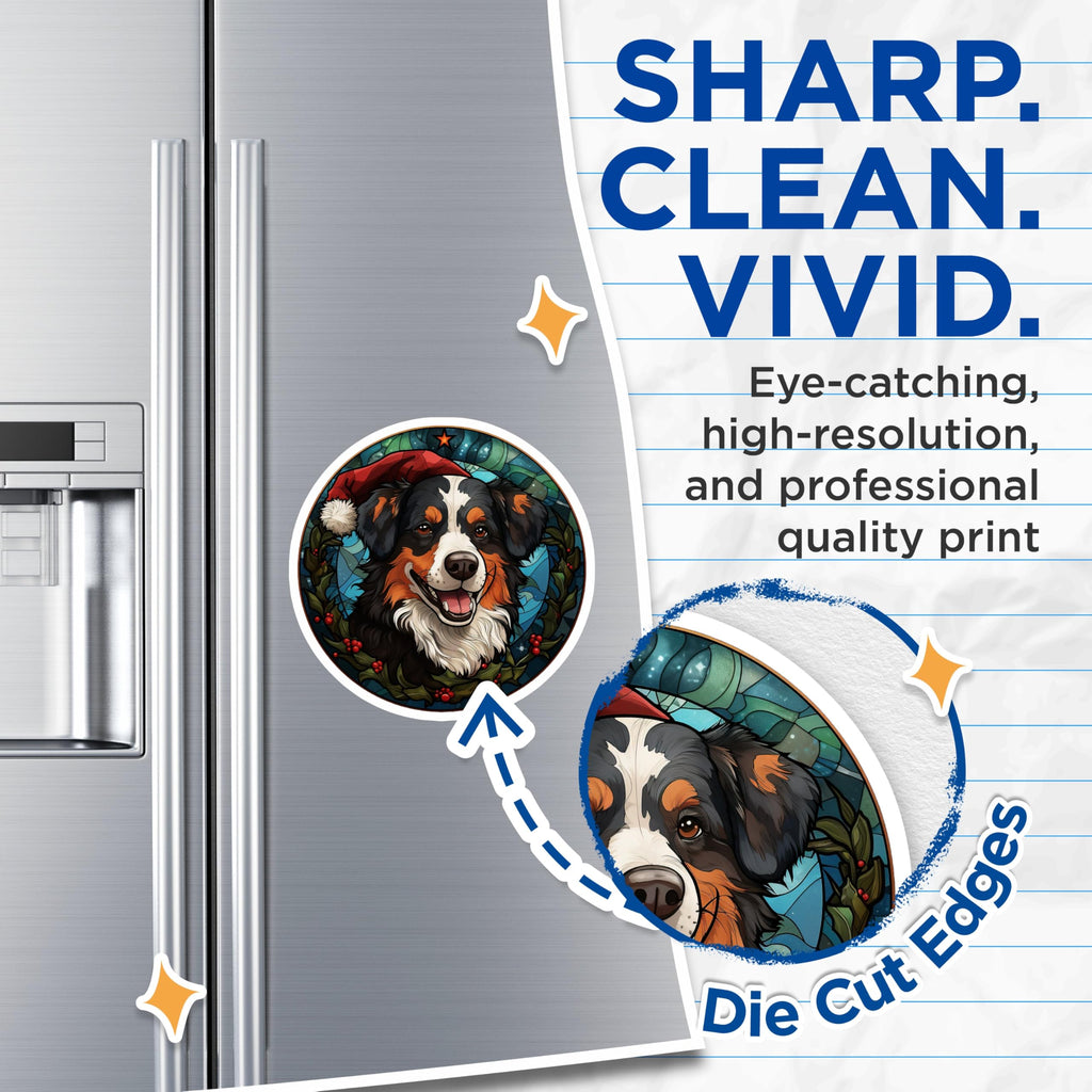 (2 Pack) Bernese Mountain Dog Magnets - Stained Glass Christmas Dog Decor - Holiday Refrigerator Pet - 5 Inches On Longest Side - Thick Durable Magnet - Made in USA - MAG28789