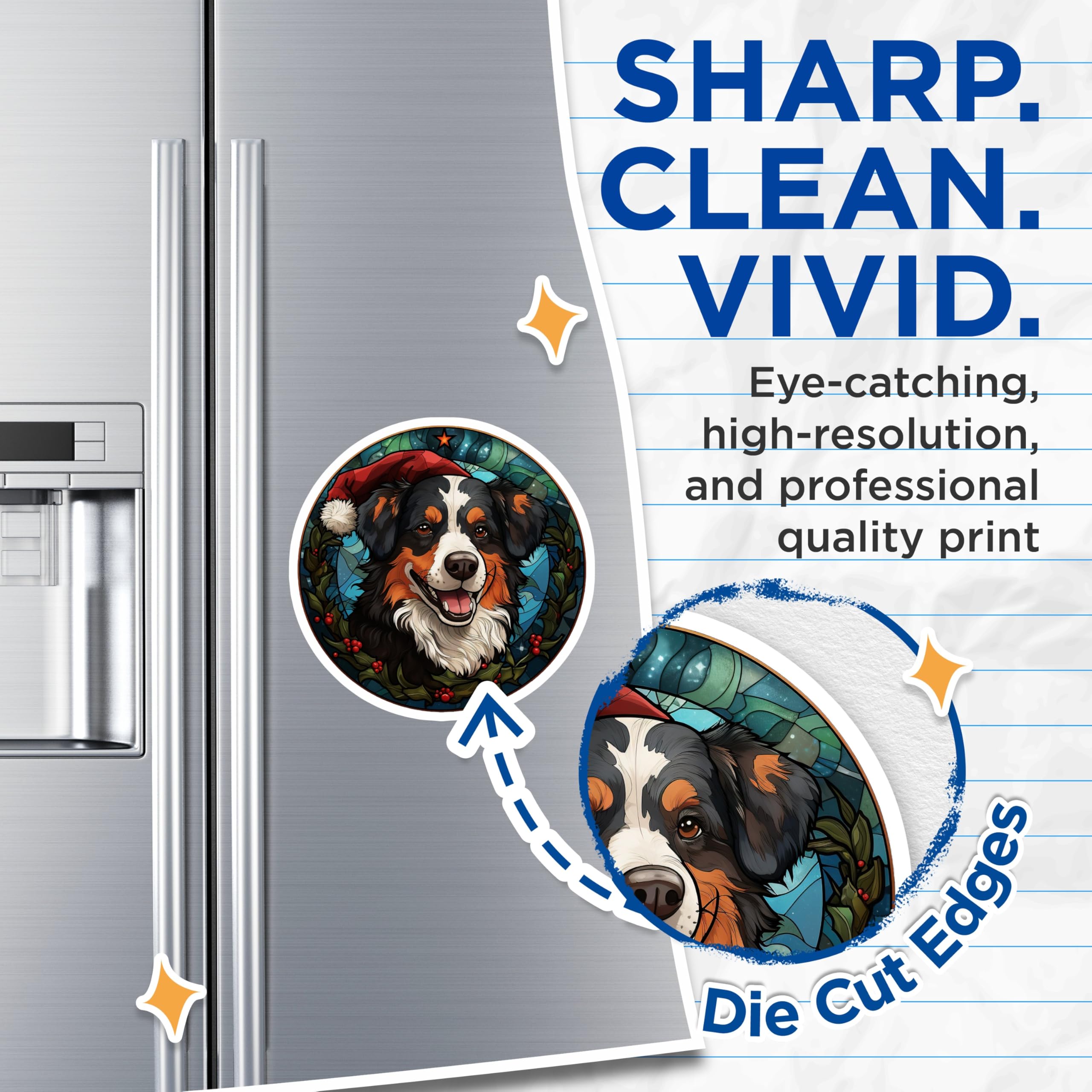 (2 Pack) Bernese Mountain Dog Magnets - Stained Glass Christmas Dog Decor - Holiday Refrigerator Pet - 5 Inches On Longest Side - Thick Durable Magnet - Made in USA - MAG28789