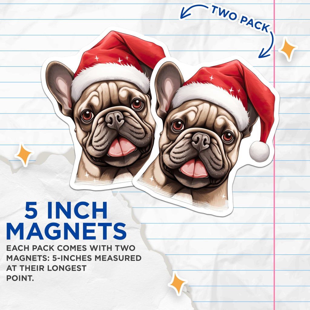 (2 Pack) French Bulldog Magnets - Christmas Dog Holiday Decor - Santa Hat Puppy Frenchie - 5 Inches On Longest Side - Thick Durable Magnet - Made in USA - MAG24150