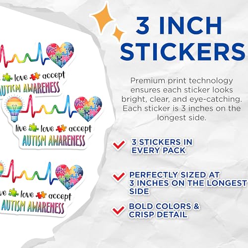 (3 Pack) Autism Awareness Decals - Autism Puzzle - Live Love Accept Decal - 3 Inches On Longest Side - Easy Peel & Apply - Made in USA - 3MCS1980