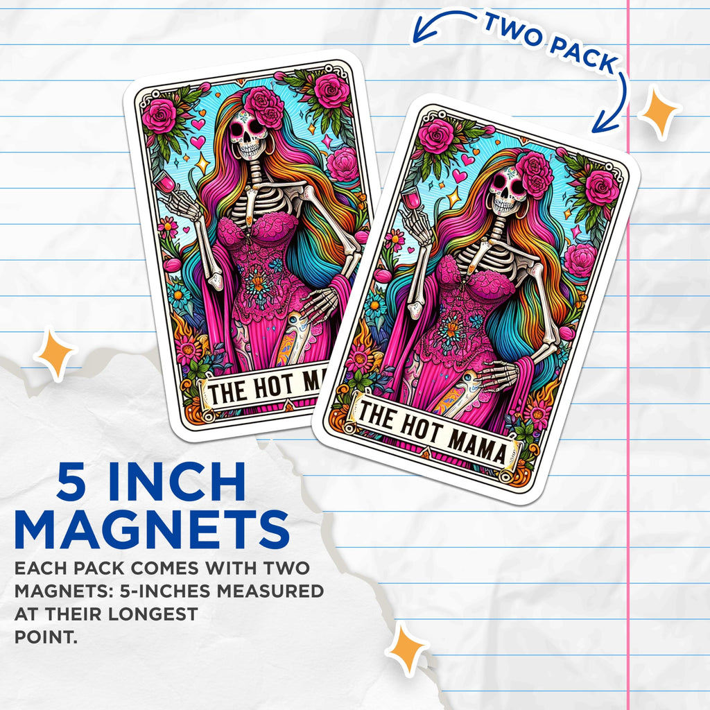 (2 Pack) Hot Mama Magnets - Day of the Dead Art - Sugar Skull Decor - Bohemian Fridge Magnets for Women - 5 Inches On Longest Side - Thick Durable Magnet - Made in USA - MAG30184