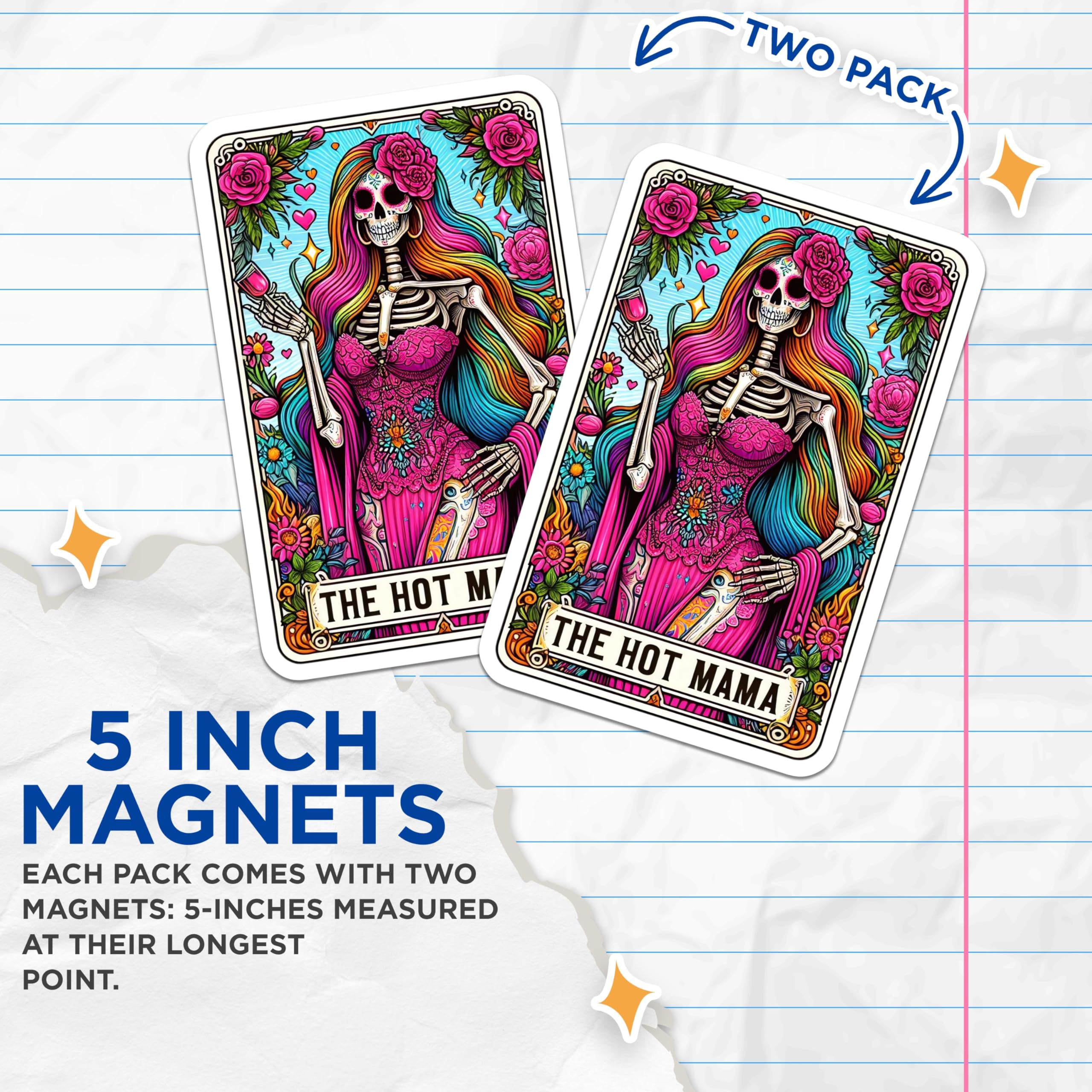(2 Pack) Hot Mama Magnets - Day of the Dead Art - Sugar Skull Decor - Bohemian Fridge Magnets for Women - 5 Inches On Longest Side - Thick Durable Magnet - Made in USA - MAG30184