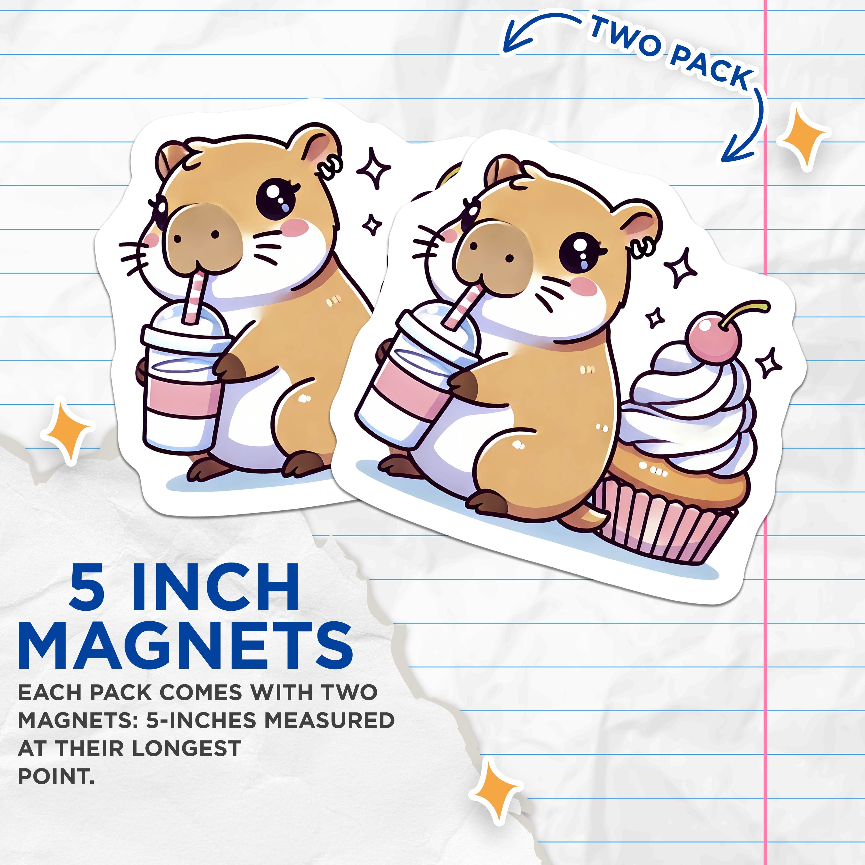 (2 Pack) Kawaii Hamster Magnets - Cute Rodent Cupcake - Sweet Dessert Accent - Aesthetic Kitchen Art - Student Locker Fun - 5 Inches On Longest Side - Thick Durable Magnet - Made in USA - MAG39235