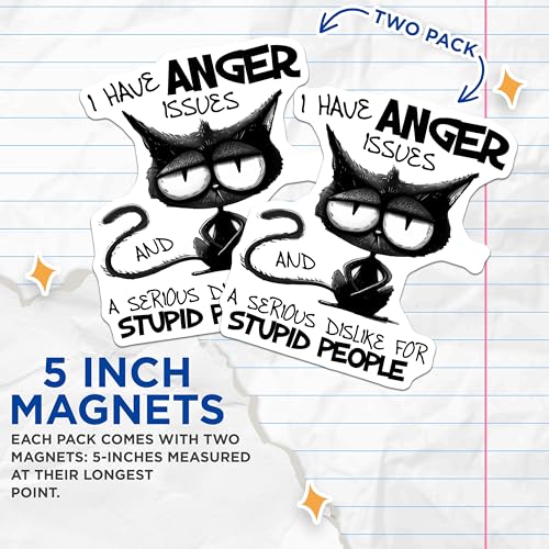 (2 Pack) Anger Issues Magnets - Funny Cat Magnet - Sarcastic - 5" On Longest Side - for Cars, Fridges, Toolboxes - Made in USA - MAG3982