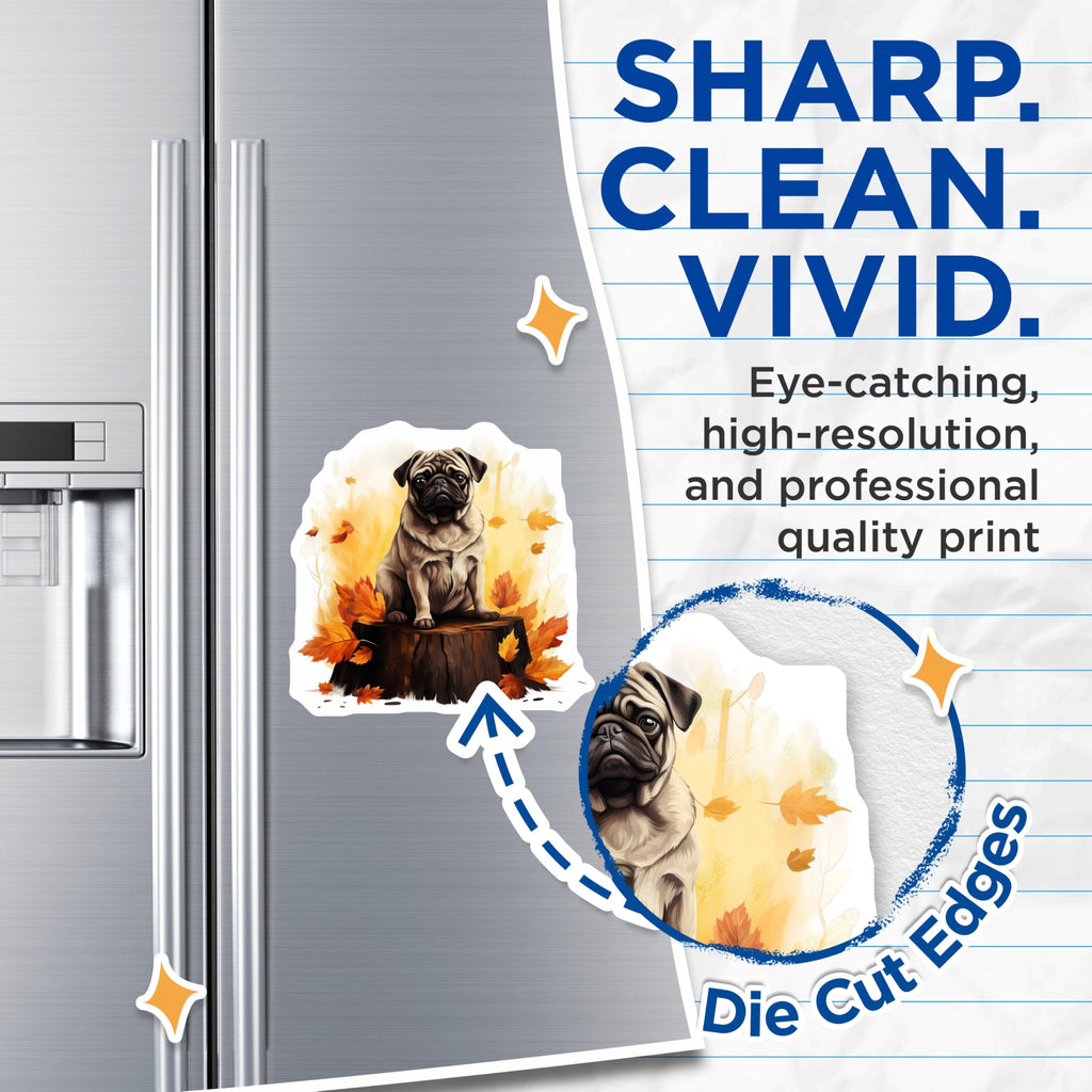(2 Pack) Autumn Pug Magnets - Fall Dog Lover Decor - Cute Animal Kitchen Accent - Refrigerator Art - 5 Inches On Longest Side - Thick Durable Magnet - Made in USA - MAG26762