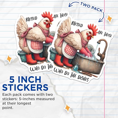 (2 Pack) Funny Chicken Stickers - Kitchen Themed Stickers - Farmhouse Decor Stickers - 5" On Longest Side - Sticks to Smooth Flat Surfaces - Made in USA - BMCS4502