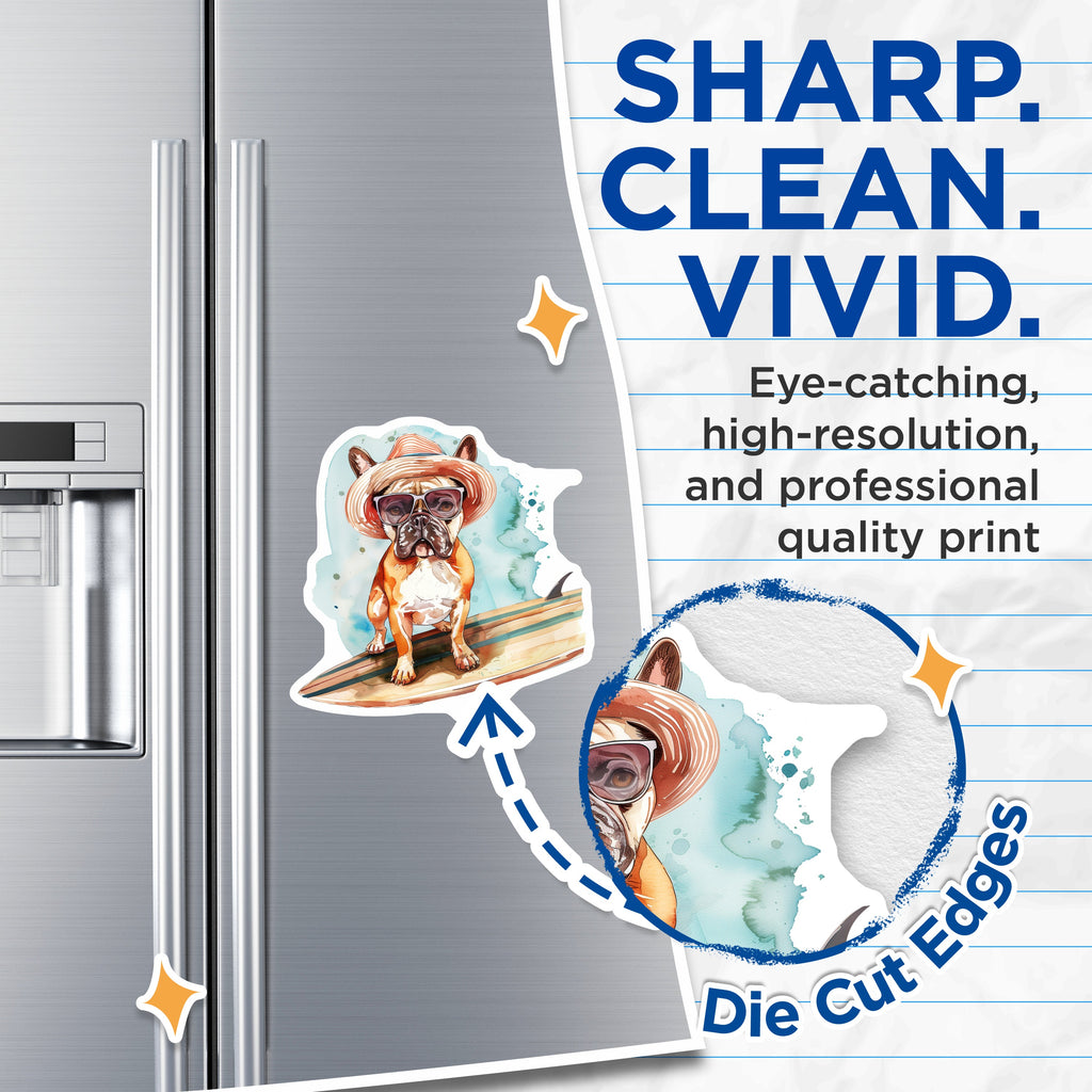 (2 Pack) French Bulldog Magnets - Surfer Frenchie Art - Beach Ocean Pet Lover Refrigerator Decor for Home - 5 Inches On Longest Side - Thick Durable Magnet - Made in USA - MAG39930