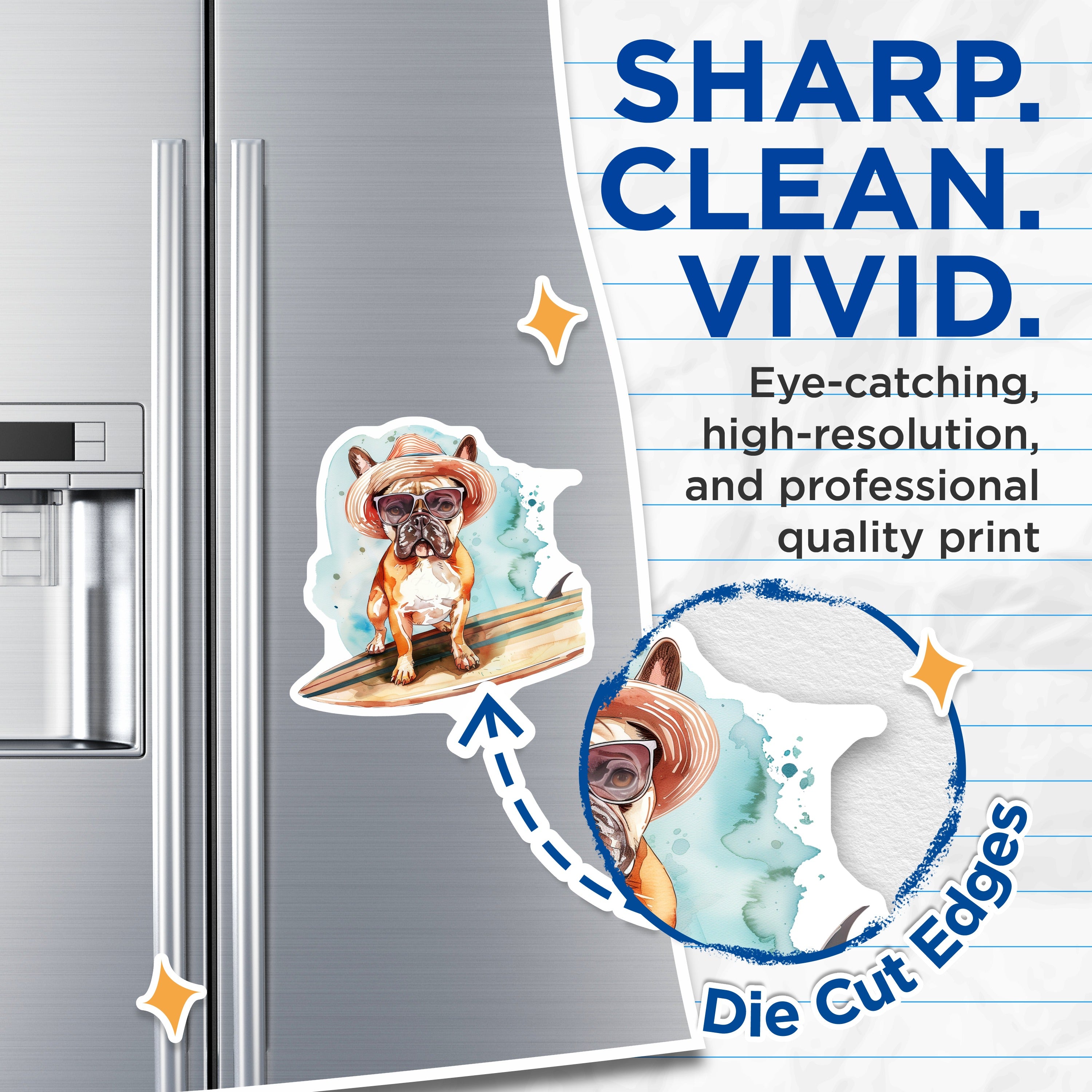 (2 Pack) French Bulldog Magnets - Surfer Frenchie Art - Beach Ocean Pet Lover Refrigerator Decor for Home - 5 Inches On Longest Side - Thick Durable Magnet - Made in USA - MAG39930