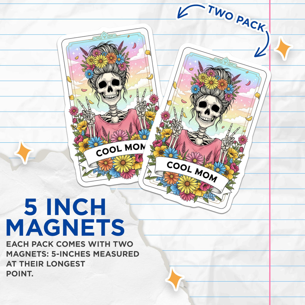 (2 Pack) Cool Mom Skeleton Magnets - Floral Skull Decor - Unique Refrigerator Magnets - 5" On Longest Side - Premium Magnet - for Cars, Refrigerators, Toolboxes, Lockers - Made in USA - MAG14604