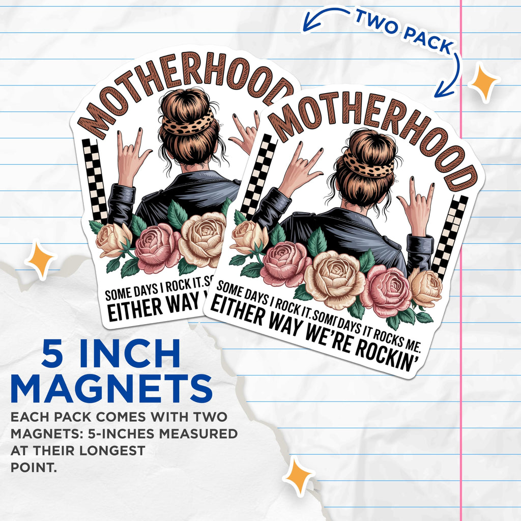 (2 Pack) Rocker Mom Magnets - Empowered Motherhood Quote Decor - Messy Bun Leopard Floral Rose Aesthetic Statement - 5 Inches On Longest Side - Thick Durable Magnet - Made in USA - MAG21126