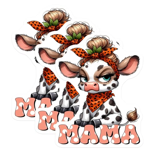 (3 Pack) Cow Mama Decals - Messy Bun Bandana - Farm Animal Laptop Decals - 3 Inches On Longest Side - Easy Peel & Apply - Made in USA - 3MCS2564