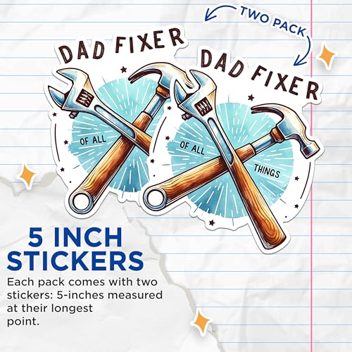 (2 Pack) Dad Fixer of All Things Stickers - Funny Dad Meme Stickers - Father's Day Stickers from Kids - 5" On Longest Side - Sticks to Any Smooth Flat Surface - Made in USA - BMCS2700
