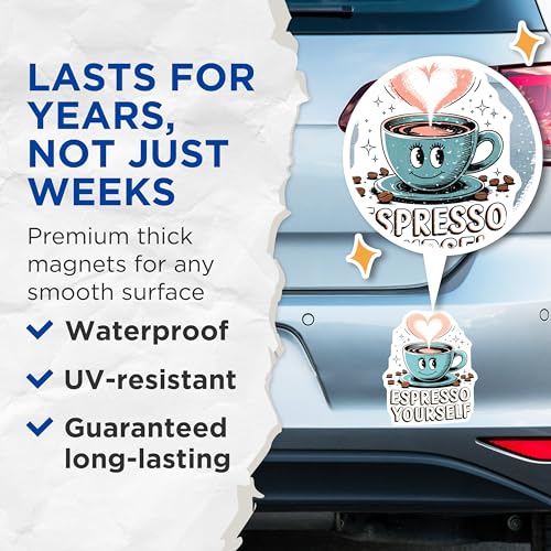 (2 Pack) Espresso Yourself Magnets - Cute Coffee Cup Magnets - Fun Kitchen Magnets - 5" On Longest Side - for Cars, Fridges, Toolboxes - Made in USA - MAG4603