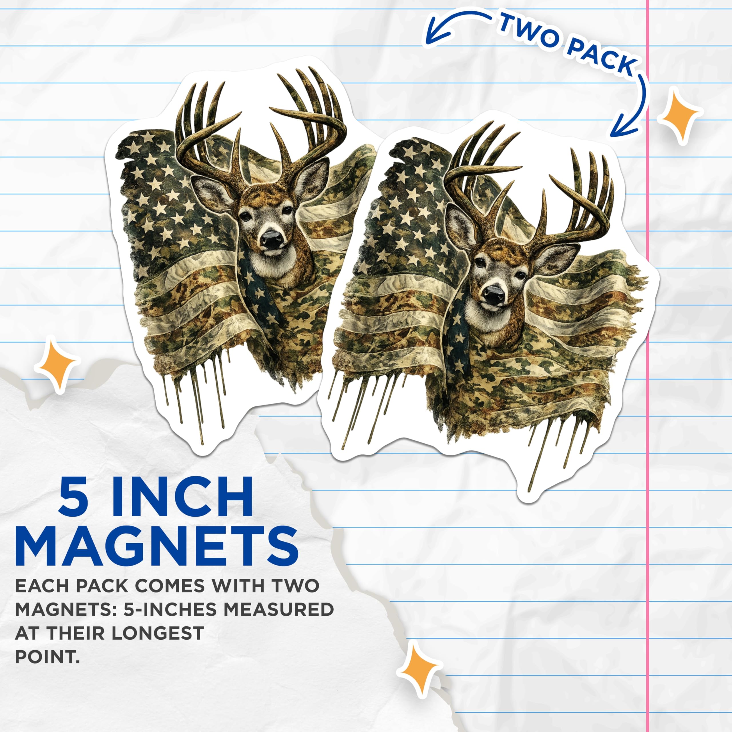 (2 Pack) Whitetail Deer Magnets - Camouflage American Flag - Patriotic Hunter Decor - 5 Inches On Longest Side - Thick Durable Magnet - Made in USA - MAG19844