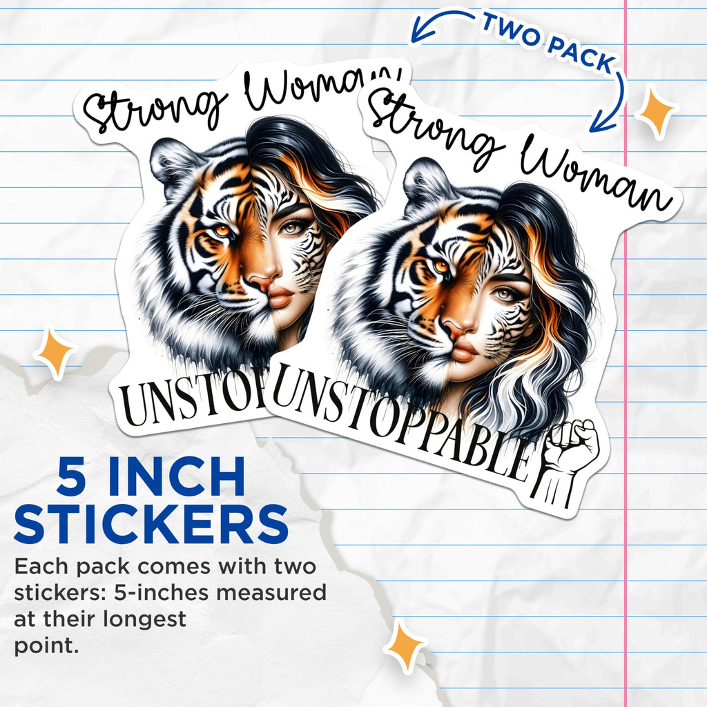 (2 Pack) Strong Woman Stickers - Tiger Face Art - Girl Power Decal - 5" On Longest Side - Sticks to Smooth Flat Surfaces - Made in USA - BMCS9245