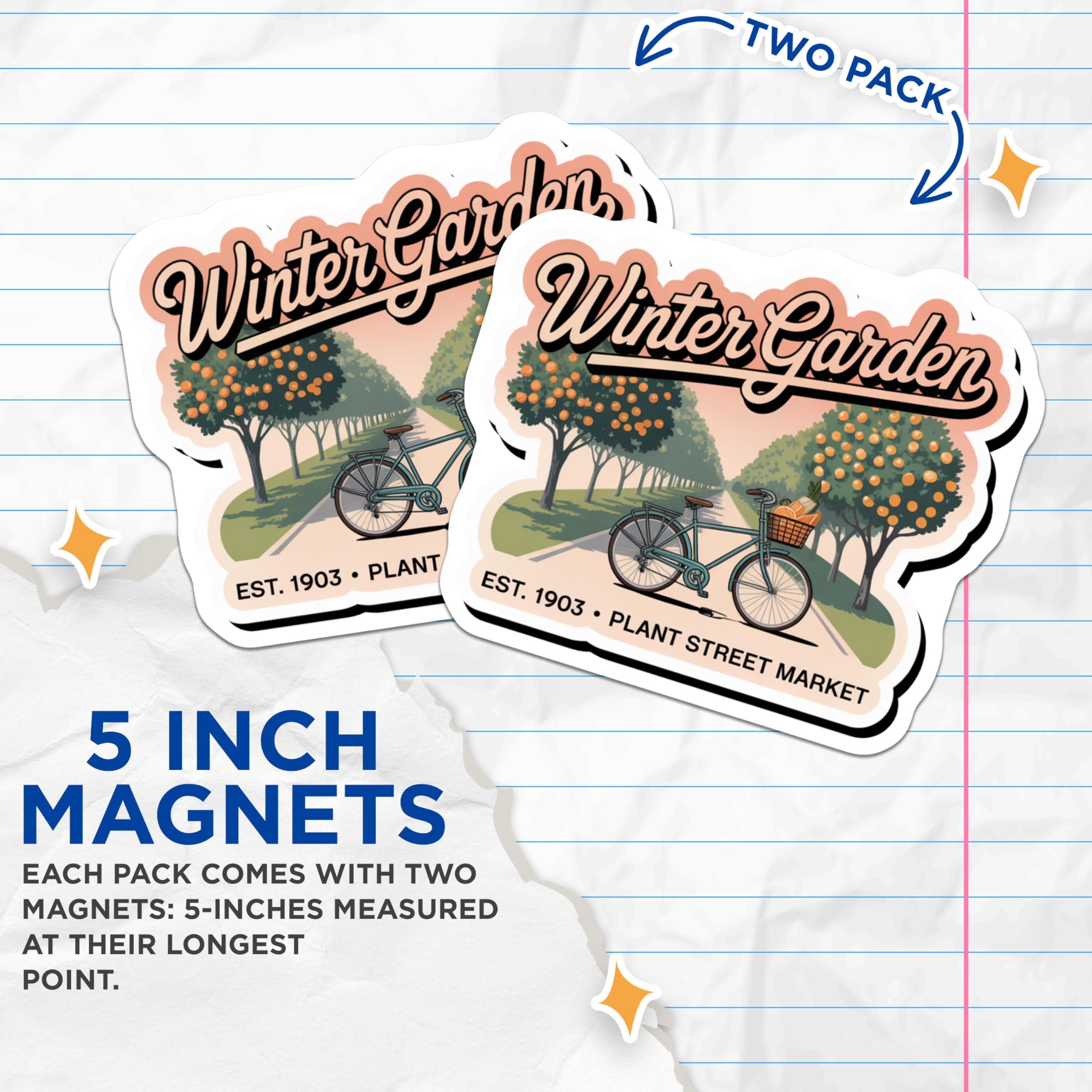 (2 Pack) Winter Garden Magnets - Plant Street Market - Retro Bike Orange Trees Decor - 5" On Longest Side - Premium Magnet - for Cars, Refrigerators, Toolboxes, Lockers - Made in USA - MAG18026