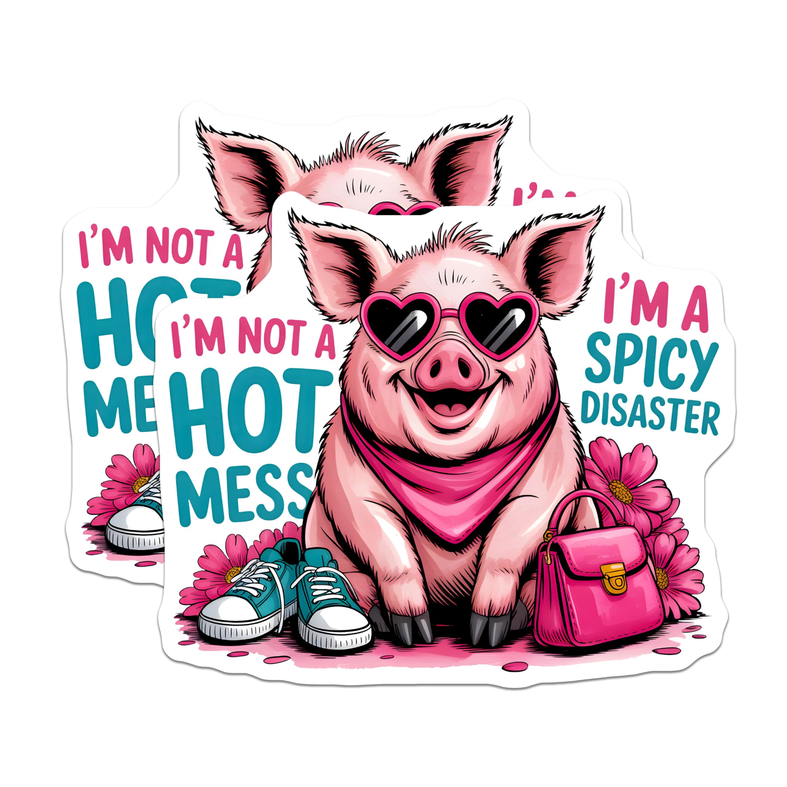(2 Pack) Spicy Disaster Pig Stickers - Funny Pig Quote - Trendy Design Stickers- 5" On Longest Side - Sticks to Smooth Flat Surfaces - Made in USA - BMCS16228