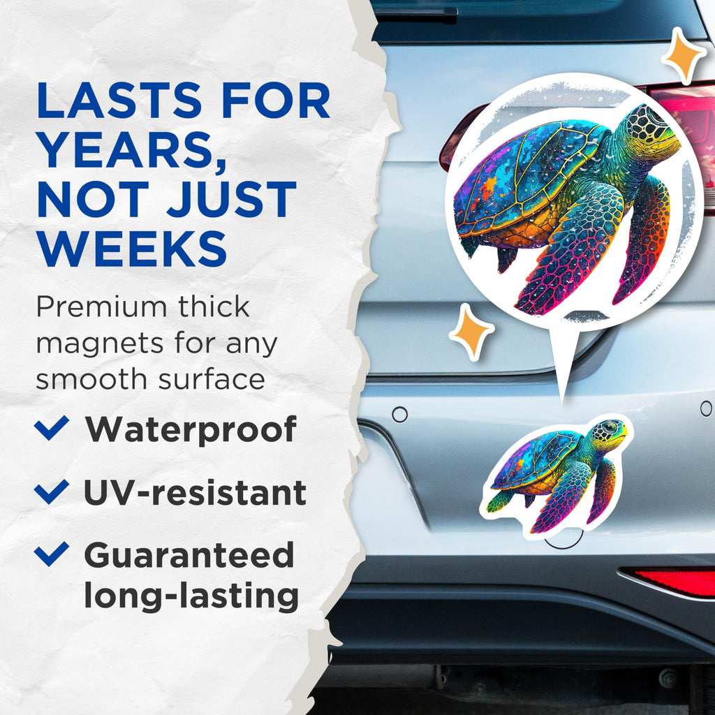 (2 Pack) Colorful Sea Turtle Magnets - Psychedelic Ocean Decor - Vibrant Marine Animal Fridge Art - Aquatic Creature Display - 5 Inches On Longest Side - Thick Durable Magnet - Made in USA - MAG22868