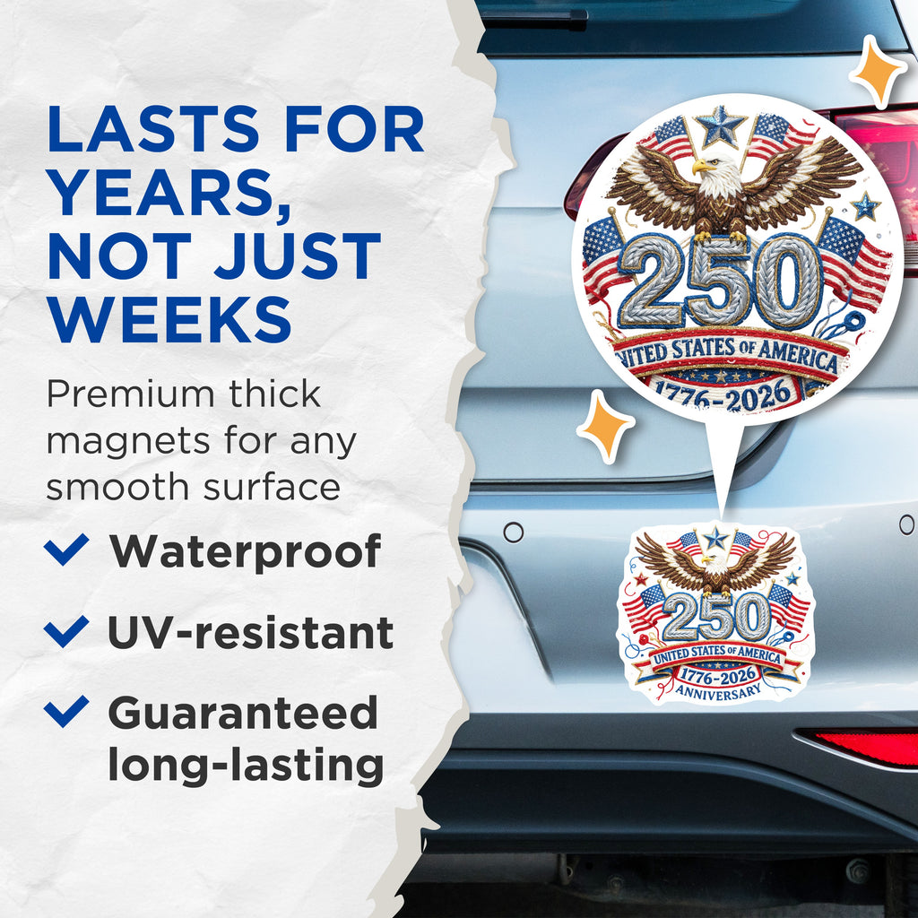 (2 Pack) United States 250th Anniversary Magnets - Patriotic Americana Decor - American History Keepsake - 5 Inches On Longest Side - Thick Durable Magnet - Made in USA - MAG39329