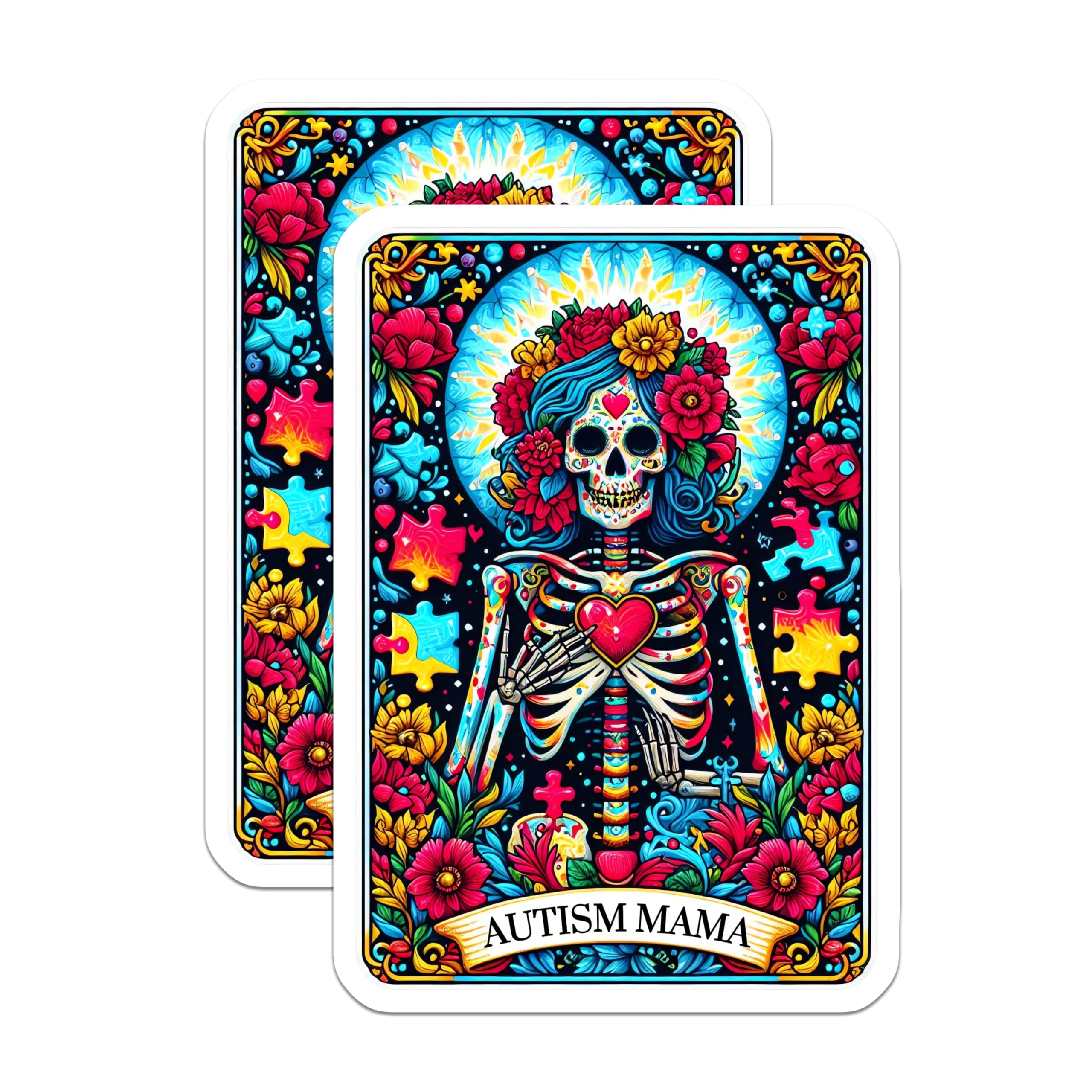 (2 Pack) Autism Mama Magnets - Dia de Los Muertos Skeleton Art - Neurodiversity Awareness Decor - 5 Inches On Longest Side - Thick Durable Magnet - Made in USA - MAG23971