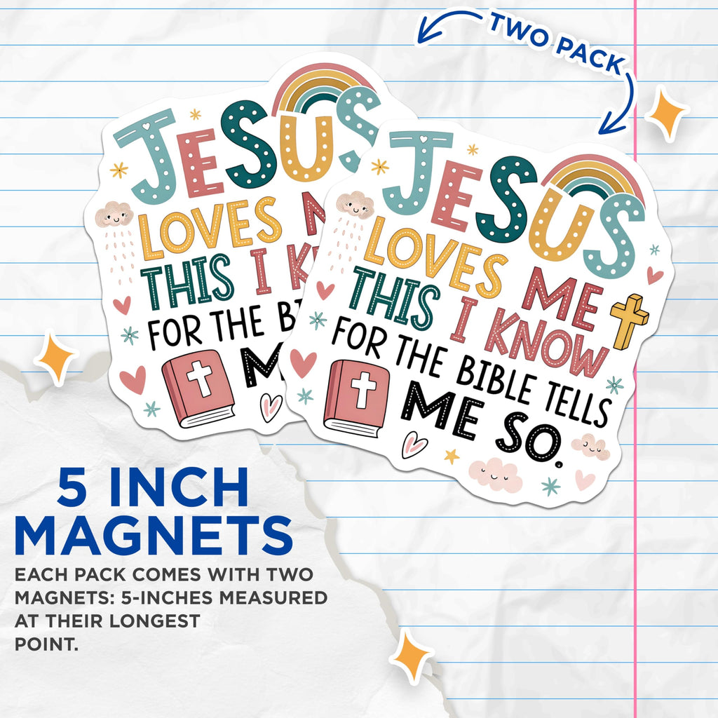 (2 Pack) Jesus Loves Me Magnets - Christian Kids Decor - Bible Verse Refrigerator Magnets - 5 Inches On Longest Side - Thick Durable Magnet - Made in USA - MAG24745