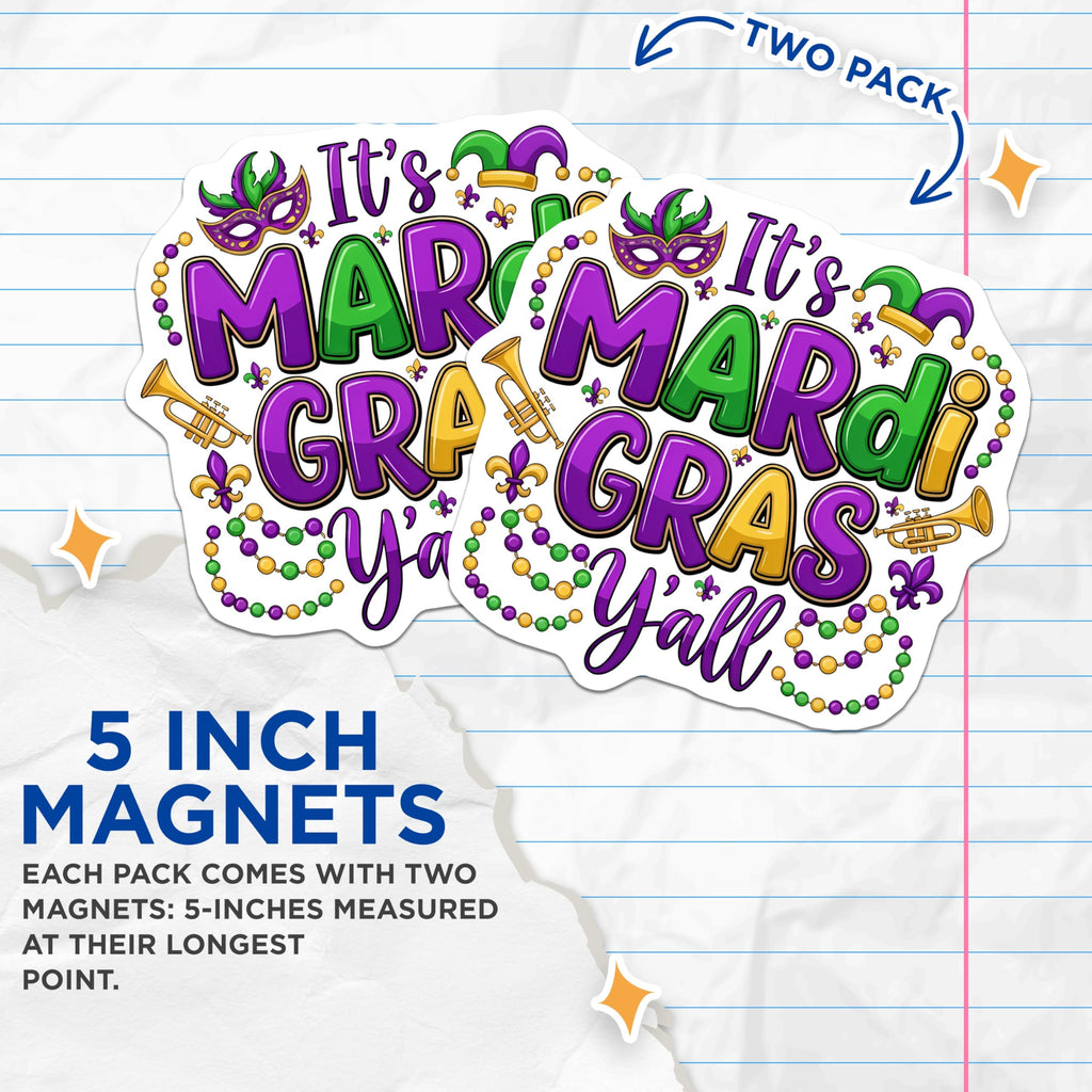 (2 Pack) Mardi Gras Magnets - Louisiana Celebration - Purple Green Gold Decor - 5" On Longest Side - Premium Magnet - for Cars, Refrigerators, Toolboxes, Lockers - Made in USA - MAG14965