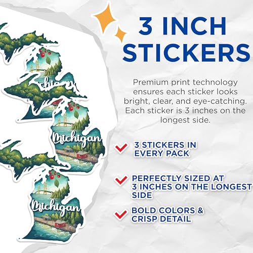 (3 Pack) Michigan State Decals - Michigan Landmarks - State Pride - 3 Inches On Longest Side - Easy Peel & Apply - Made in USA - 3MCS0144
