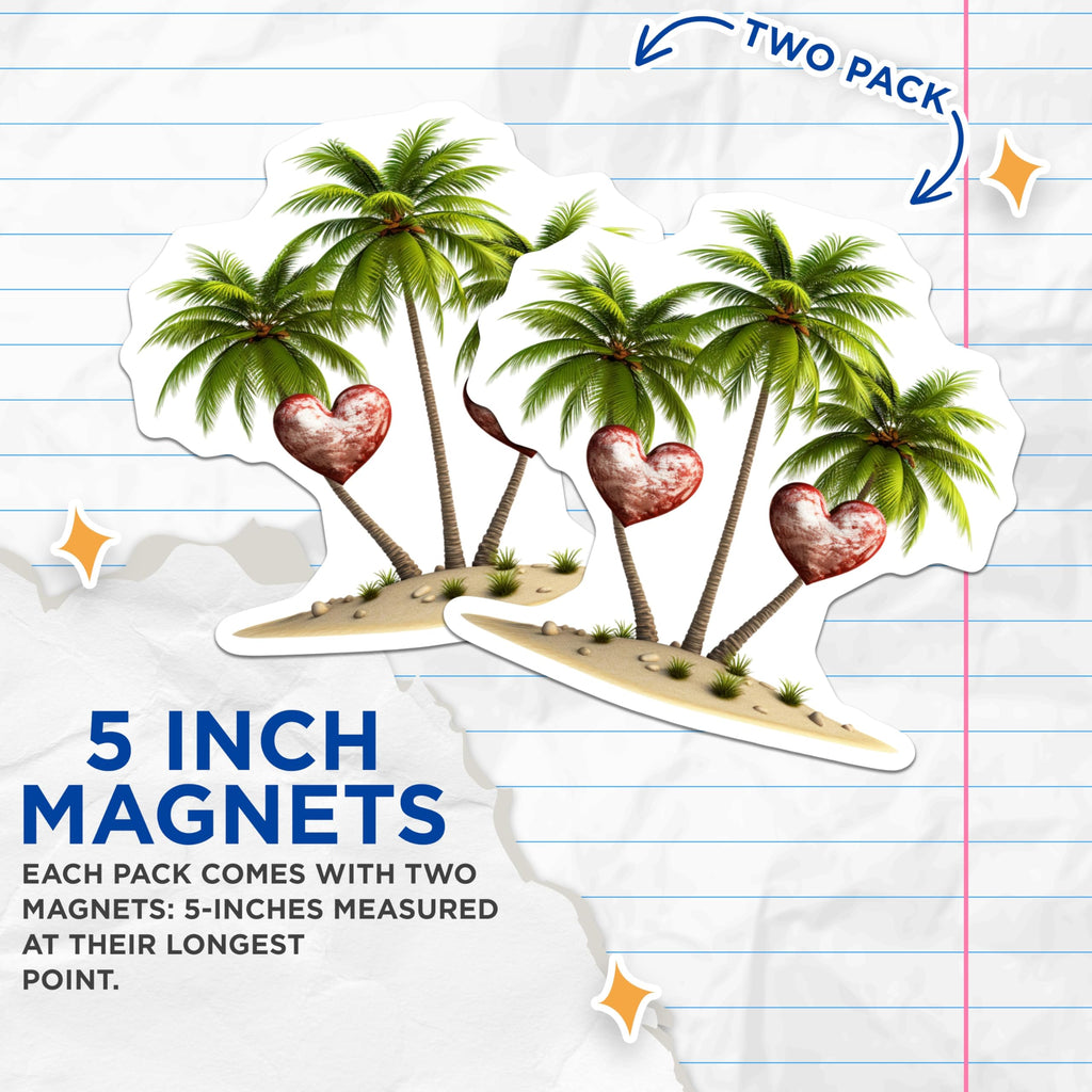 (2 Pack) Tropical Island Magnets - Romantic Palm Tree Hearts - Beach Getaway Decor - Love Scene for Couples - 5 Inches On Longest Side - Thick Durable Magnet - Made in USA - MAG19893