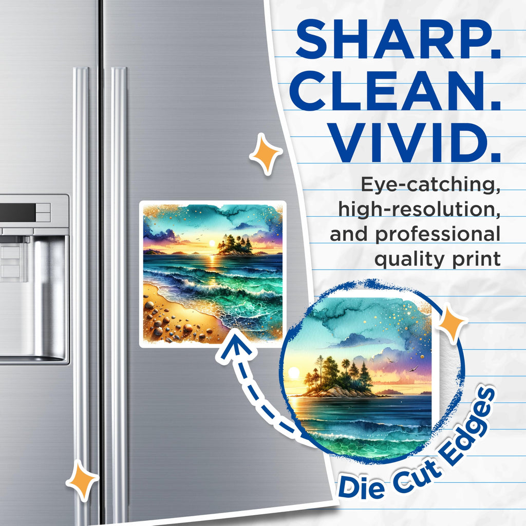 (2 Pack) Watercolor Beach Magnets - Ocean Sunset Decor - Tropical Island Scene - 5 Inches On Longest Side - Thick Durable Magnet - Made in USA - MAG28396