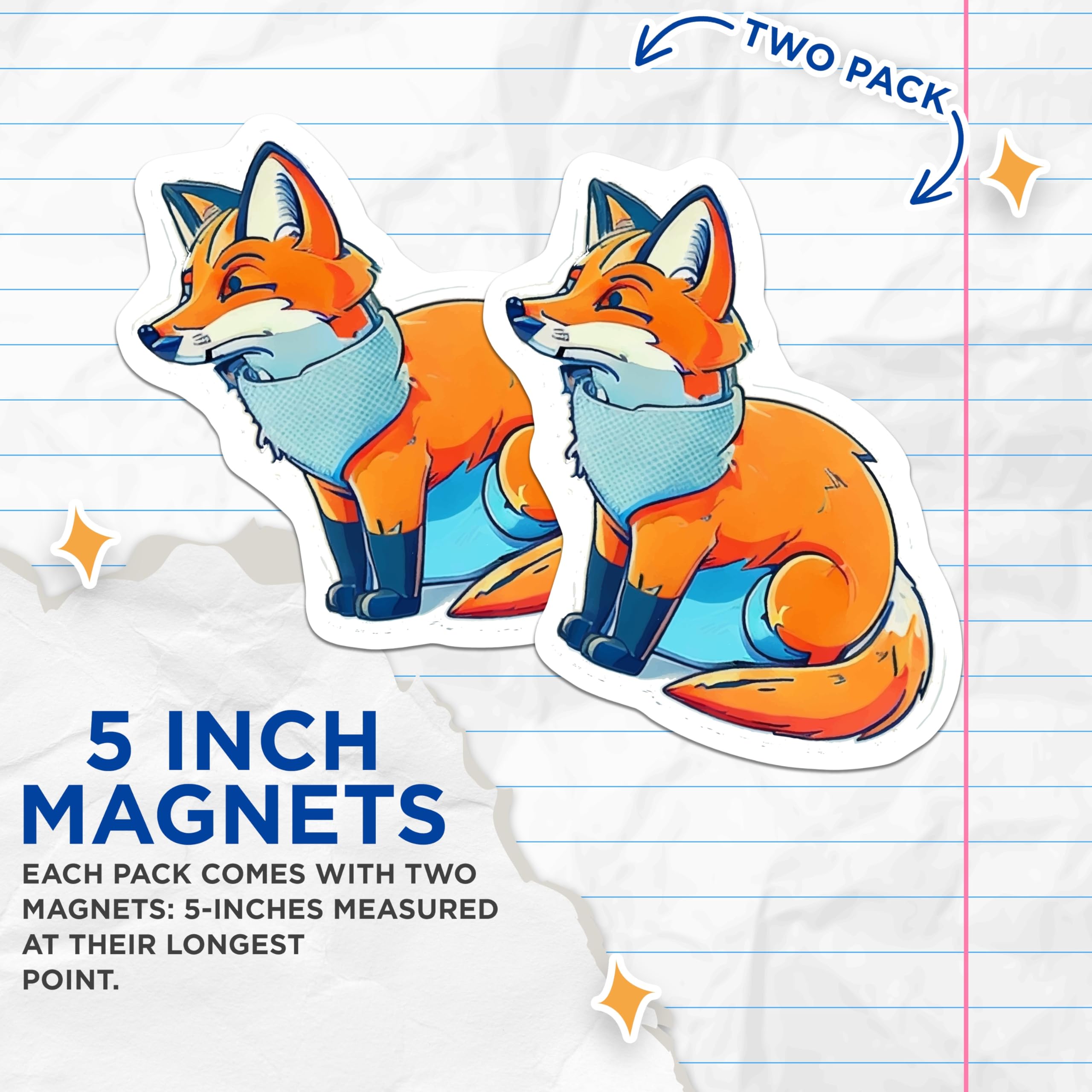 (2 Pack) Cute Fox Magnets - Bandana Animal Decor - Woodland Forest Fox Accessory - 5 Inches On Longest Side - Thick Durable Magnet - Made in USA - MAG22243