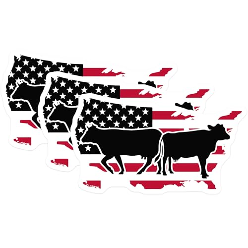 (3 Pack) Cow USA Flag Decals - American Cattle Decal - Patriotic Farmer Decals - 3 Inches On Longest Side - Easy Peel & Apply - Made in USA - 3MCS4594