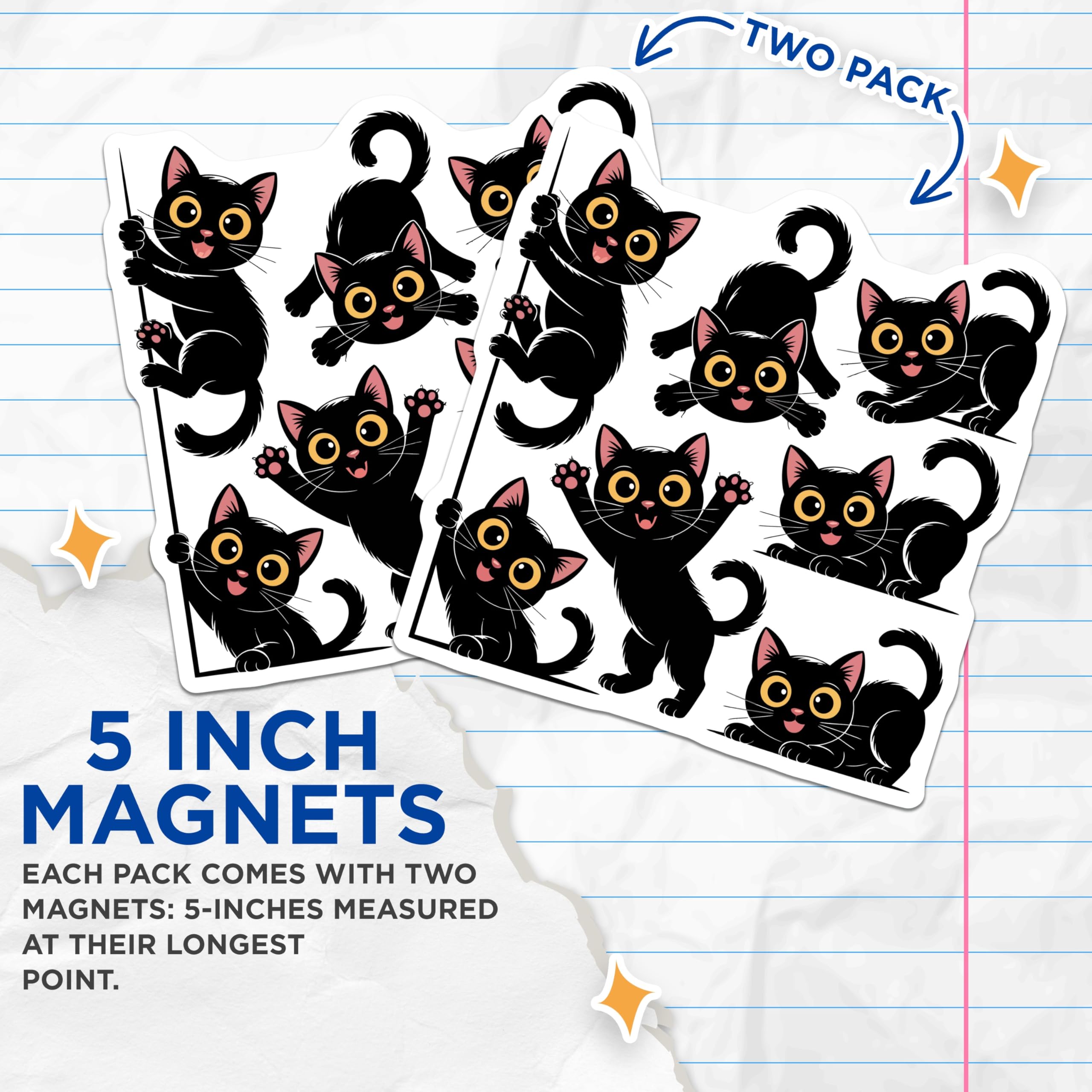 (2 Pack) Cute Black Cat Magnets - Playful Kitten Decor - Feline Refrigerator Art - 5 Inches On Longest Side - Thick Durable Magnet - Made in USA - MAG22877