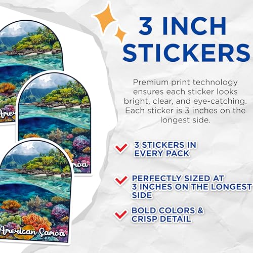(3 Pack) American Samoa Decals - Tropical Island Art - Coral Reef Laptop Decal - 3 Inches On Longest Side - Easy Peel & Apply - Made in USA - 3MCS0393