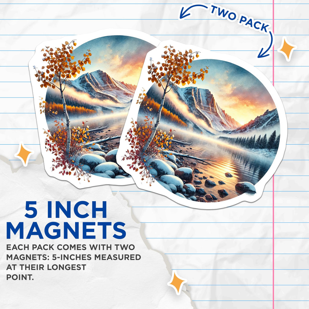 (2 Pack) Mountain Lake Sunrise Magnets - Snowy Alpine Peaks View - Autumn Aspen Forest - Winter Nature Art - 5 Inches On Longest Side - Thick Durable Magnet - Made in USA - MAG19418
