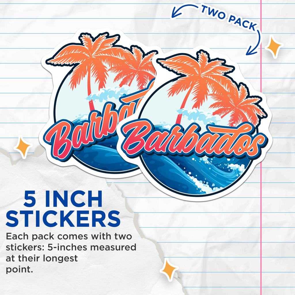(2 Pack) Barbados Stickers - Island Decal - Tropical Vacation Souvenir - 5" On Longest Side - Sticks to Smooth Flat Surfaces - Made in USA - BMCS17228