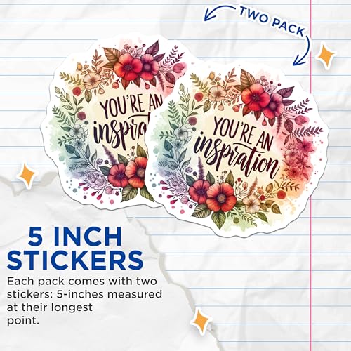 (2 Pack) You're an Inspiration Stickers - Floral Motivational Stickers - Decorative Inspirational Quote Stickers - 5" On Longest Side - Sticks to Smooth Flat Surfaces - Made in USA - BMCS4429
