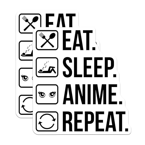 (2 Pack) Eat Sleep Anime Repeat Stickers - Fun Anime Quotes - Anime Lifestyle Stickers - 5" On Longest Side - Sticks to Smooth Flat Surfaces - Made in USA - BMCS5725