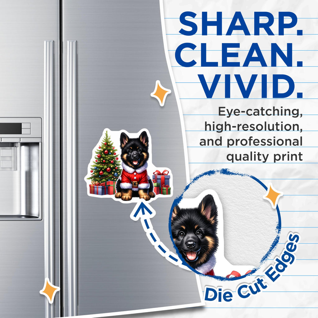 (2 Pack) Christmas Puppy Magnets - Santa German Shepherd Decor - Holiday Fridge Accent Pet Lover Present - 5 Inches On Longest Side - Thick Durable Magnet - Made in USA - MAG28586