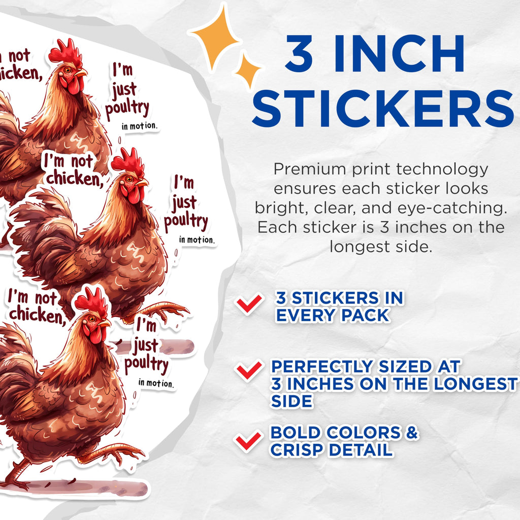 (3 Pack) Funny Chicken Decals - Poultry in Motion - Laptop Decal - 3 Inches On Longest Side - Easy Peel & Apply - Made in USA - 3MCS1456