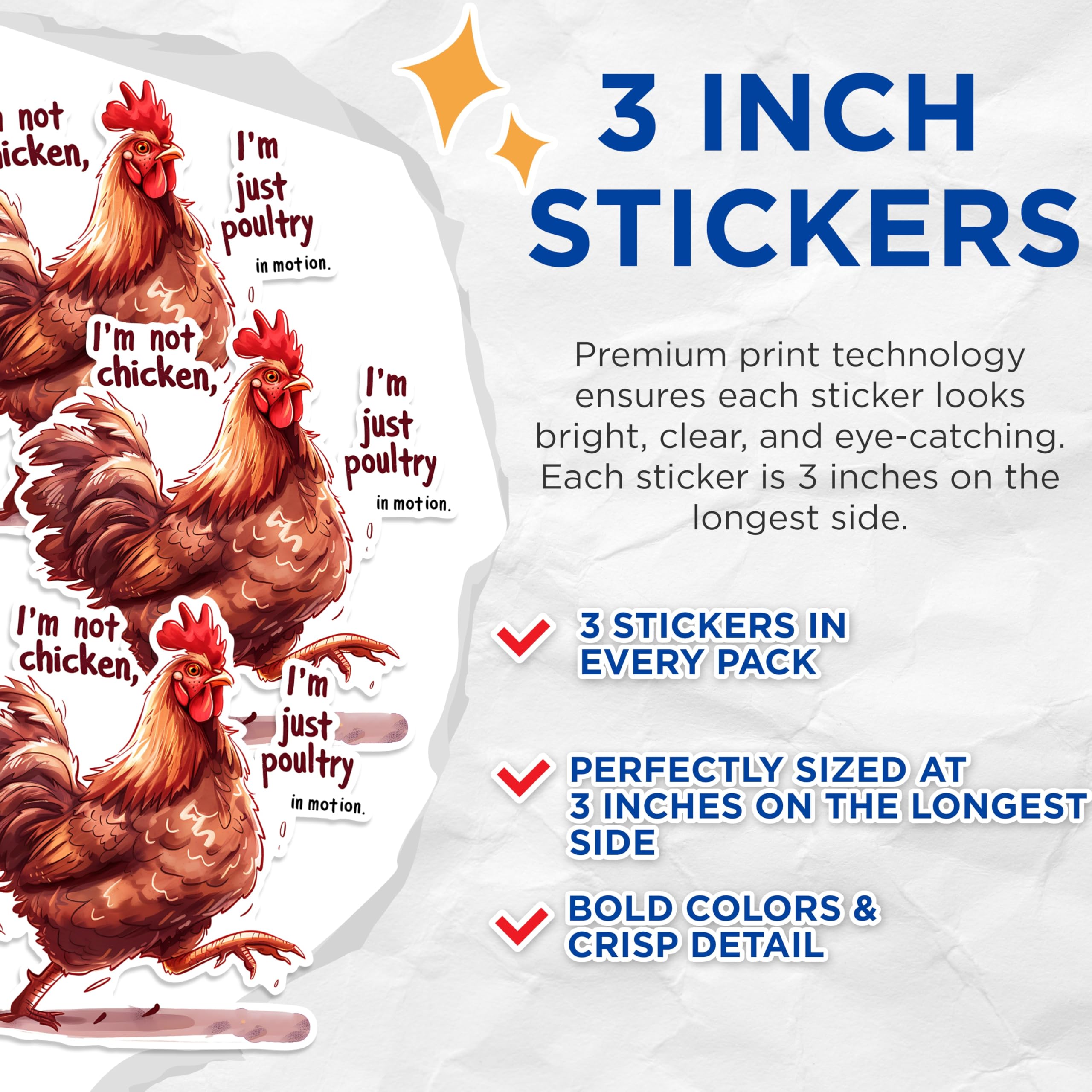 (3 Pack) Funny Chicken Decals - Poultry in Motion - Laptop Decal - 3 Inches On Longest Side - Easy Peel & Apply - Made in USA - 3MCS1456