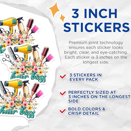 (3 Pack) Hair Boss Decals - Salon Tools - Floral Hairdresser Decals - 3 Inches On Longest Side - Easy Peel & Apply - Made in USA - 3MCS6333