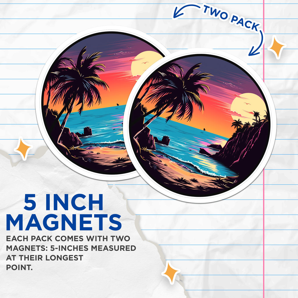 (2 Pack) Beach Sunset Magnets - Retro Tropical Scene - Synthwave Art - Vibrant Ocean View - Summer Vibe Magnets - 5 Inches On Longest Side - Thick Durable Magnet - Made in USA - MAG38768