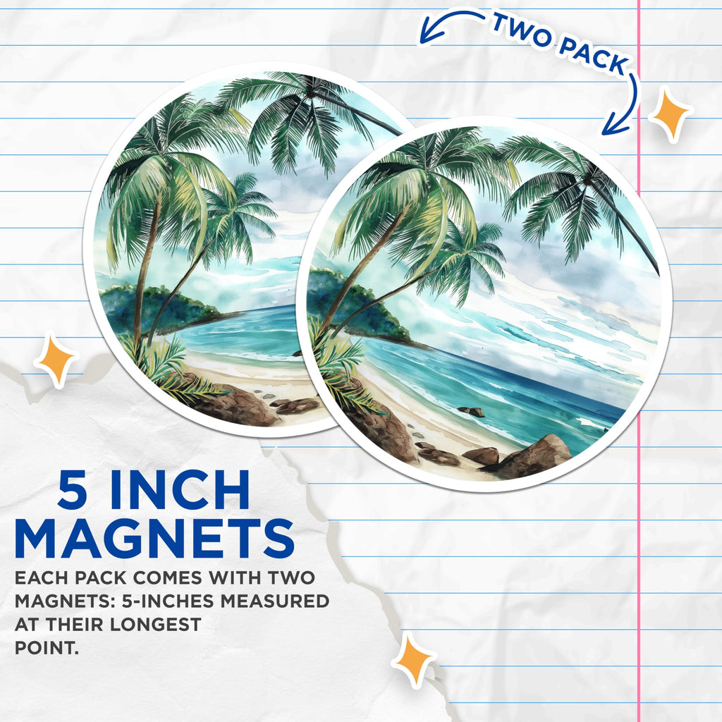 (2 Pack) Tropical Beach Scene Magnets - Watercolor Ocean Landscape - Palm Tree Paradise Art - Coastal Decor Fridge - 5 Inches On Longest Side - Thick Durable Magnet - Made in USA - MAG19677