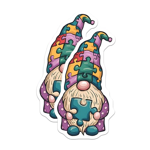 (2 Pack) Puzzle Gnome Stickers - Autism Awareness Puzzle Piece - Cheerful Gnome Design Sticker - 5" On Longest Side - Sticks to Smooth Flat Surfaces - Made in USA - BMCS9845
