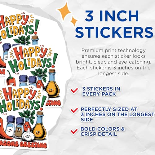 (3 Pack) Happy Holidays Decals - Seasons Greeting - Food Pun Kitchen Stickers - 3 Inches On Longest Side - Easy Peel & Apply - Made in USA - 3MCS6386